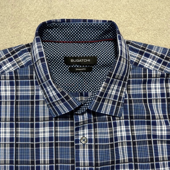Bugatchi Men’s Large Shaped Fit Shirt Blue Plaid Long Sleeve Cotton Modern - Picture 2 of 6